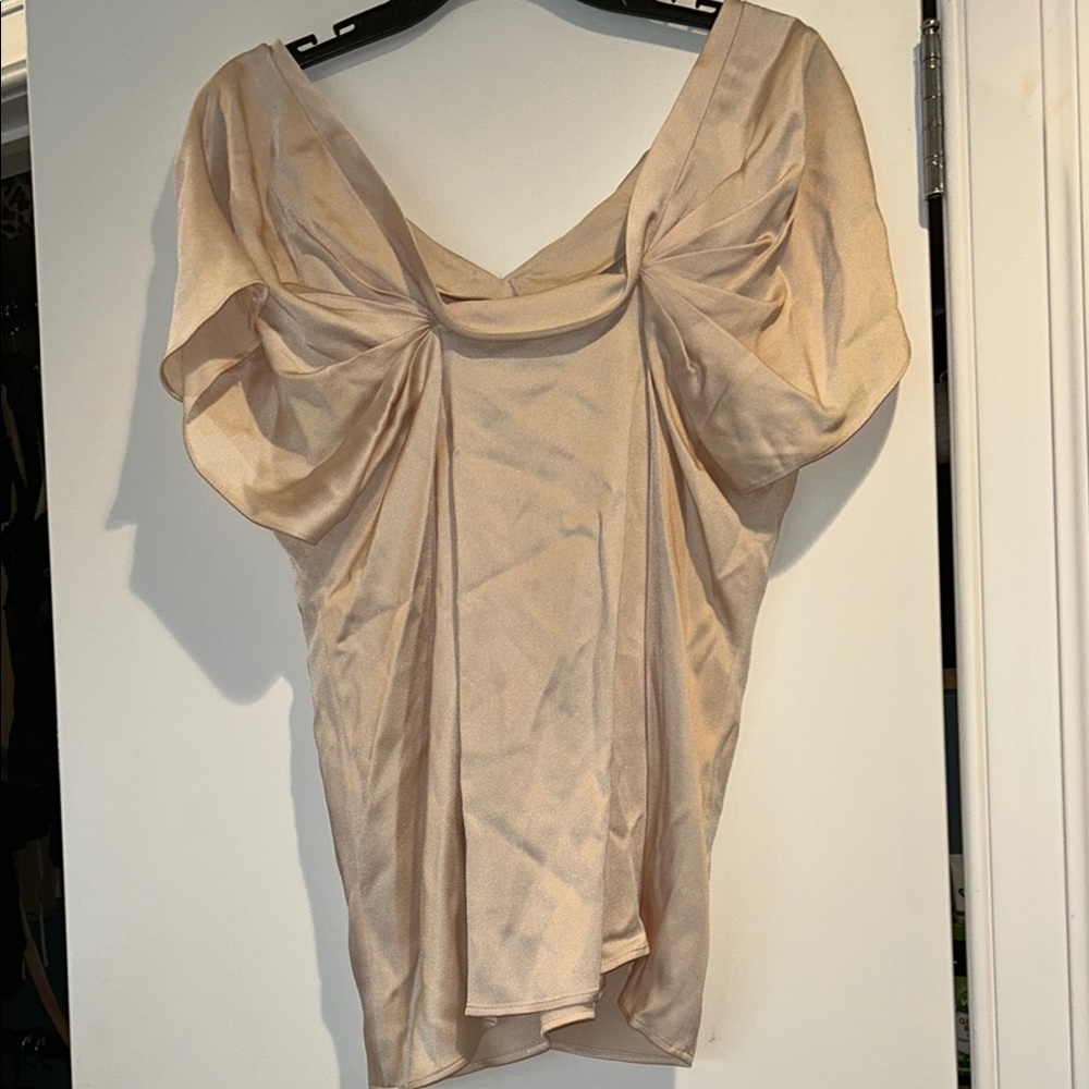 BCBG Cream Gold Asymmetrical Ruffled Blouse